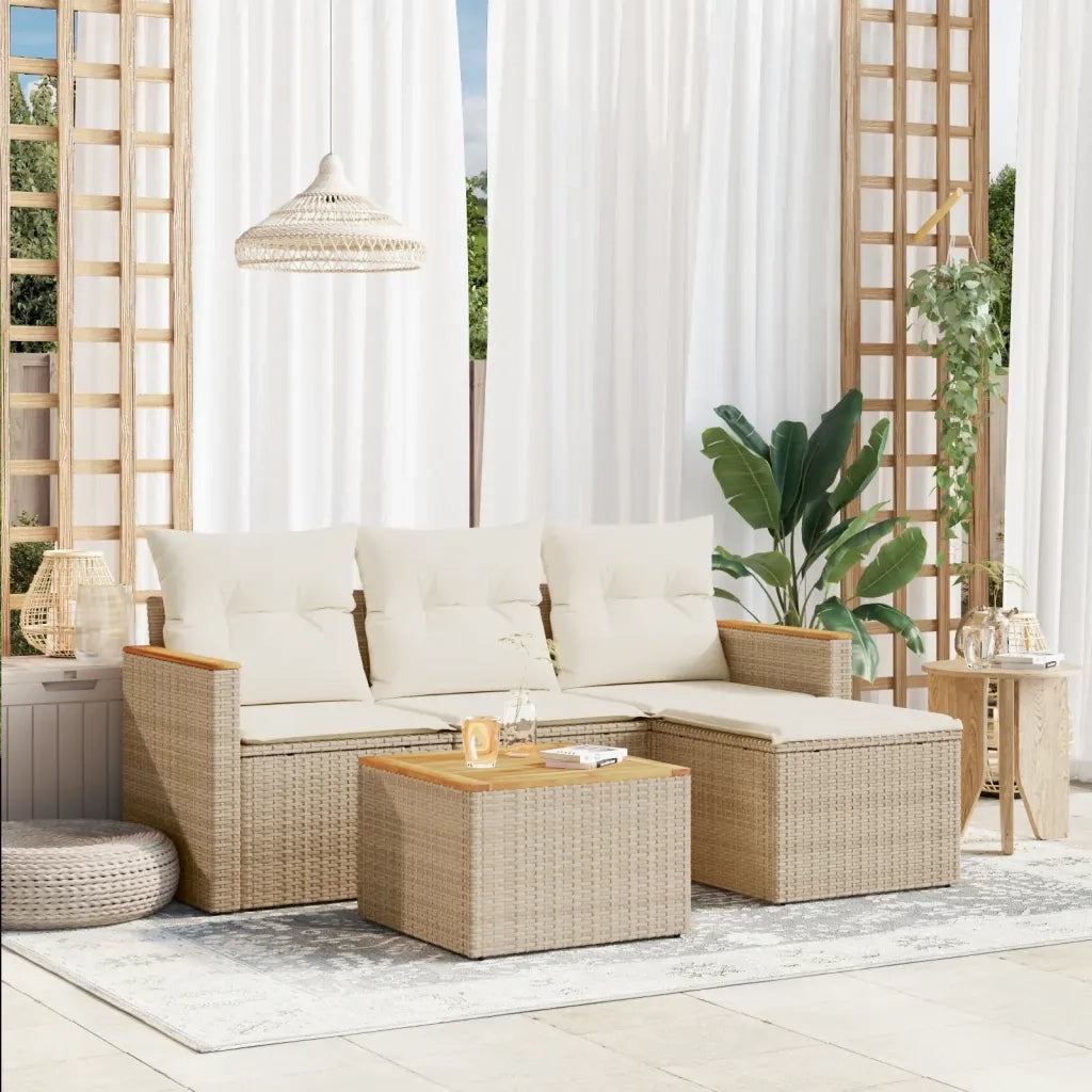 Set Divano da Giardino 5 pz | Set Salotto da Giardino con Cuscini Beige in Polyrattan