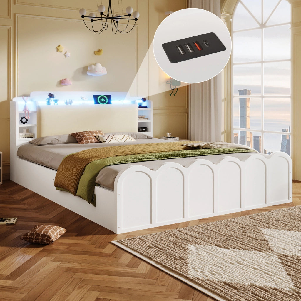 Letto 140x200 cm con vano idraulico, LED e porte USB-C