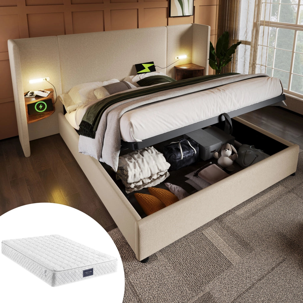 Letto contenitore 160x200 cm beige con USB e luce da lettura