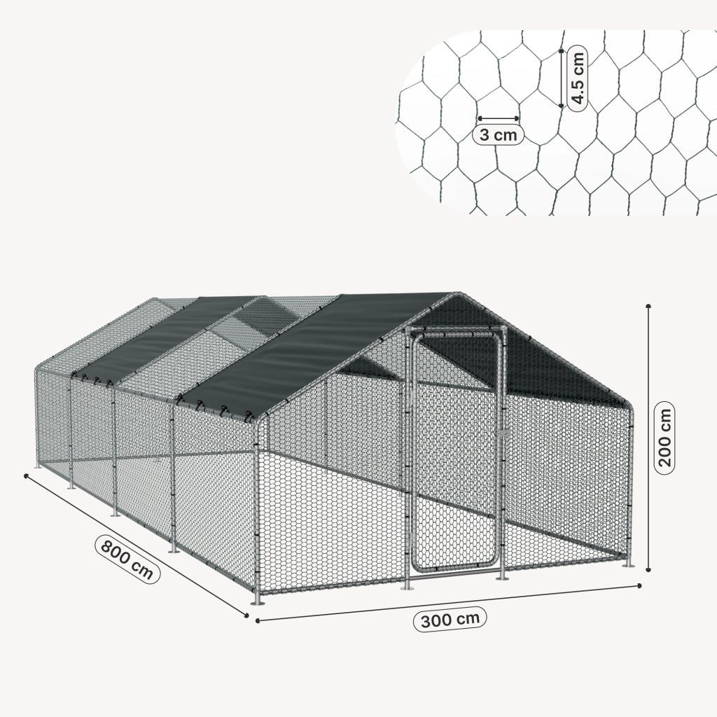 Gabbia per Pollame Wels con 2 Tettucci Parasole e Recinzione Rete Metallica 3x8x2 m pro.tec