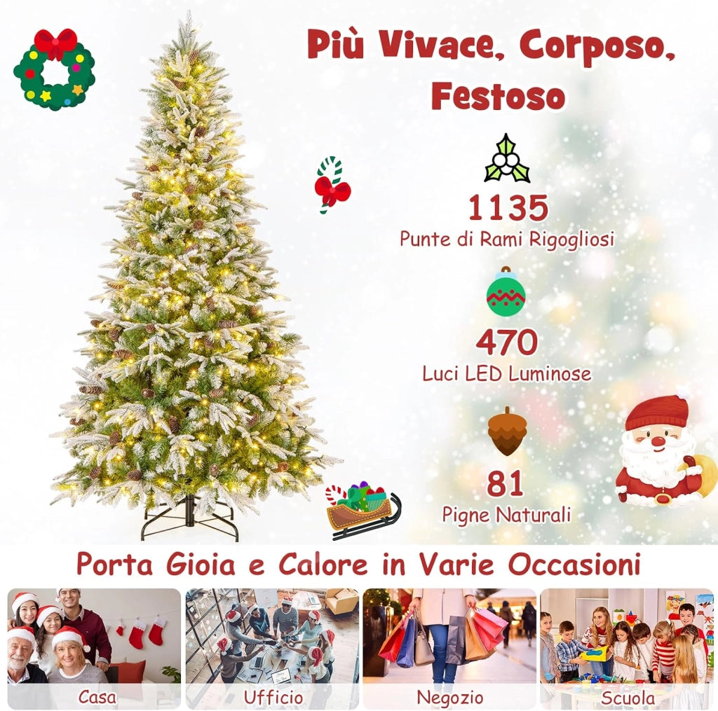 Albero di Natale Artificiale Pre-Luminoso 225 CM, Albero di Natale Innevato con 470 Luci LED Bianche Calde, 1135 Punte, 81 Pigne e Base Metallica (225 CM)