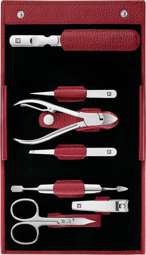 Set di manicure - 7 set di pedicure con borsa - cura delle unghie in pelle vera - acciaio inox lucidato - rosso