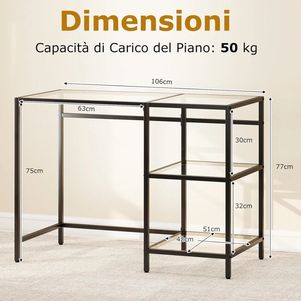 Scrivania con 2 Ripiani, Scrivania in Vetro Temperato e Acciaio, Scrittoio Salvaspazio e Moderno, Tavolo Versatile per Ingresso, Camera da Letto e Studio 106 x 51 x 77 cm (Nero)