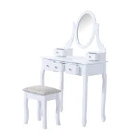 Toeletta Tavolo da Trucco con Specchiera e Sgabello Imbottito, Legno, Bianco