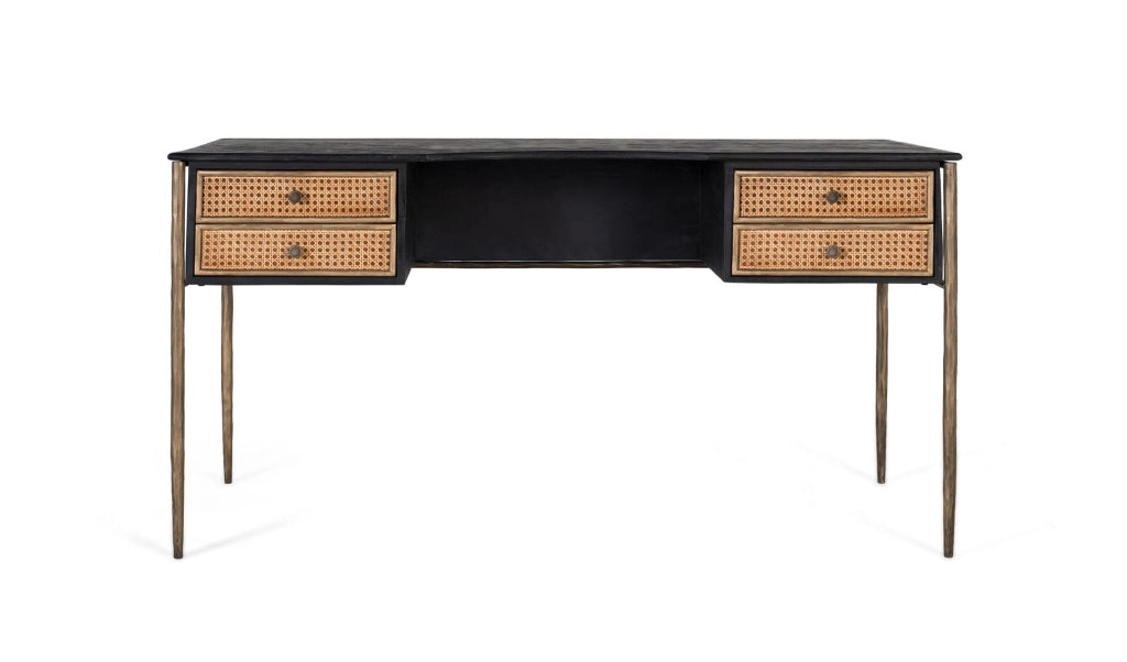 Scrivania in legno di mango con cassetti a doghe e gambe in bronzo