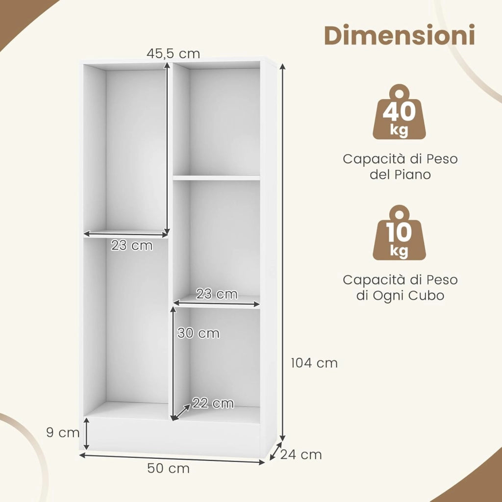 Libreria a 5 Cubi, Organizzatore di Stoccaggio Autoportante a 3 Livelli con 2 Kit Antiribaltamento, Mensola in Legno per Soggiorno Camera da Letto Ufficio, 50x24x104 cm