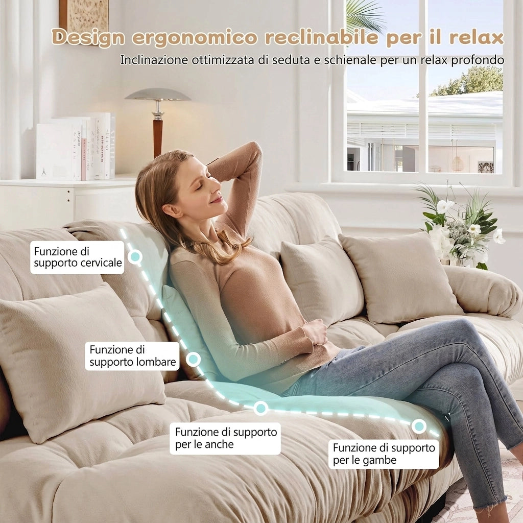 Divano angolare modulare a forma di L con pouf; 3 posti in ciniglia; 313x145x81 cm; caffè chiaro