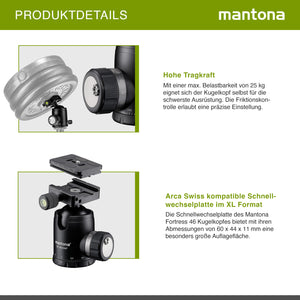 Mantona Fortress Testa a sfera per stativi treppiedi fotografici, 46 mm max 25 kg, con funzione panoramica 360° e 3 livelle, incl piastra sgancio rapido, per fotocamera accessori fotografia