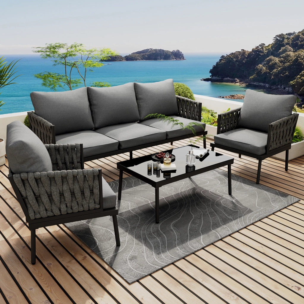 Set Divano da Giardino con Tavolo e Cuscini ¨C MINIMAL ¨C Polyrattan, Acciaio, Grigio