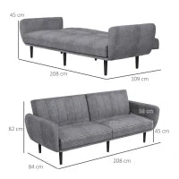 Divano Letto 3 Posti con Schienale Reclinabile a 3 Livelli in Tessuto, 208x84x82cm, Grigio
