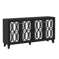 Credenza Moderna con Specchio e Maniglie di Cristallo, 4 Ante e Ripiani Mobili per Soggiorno e Cucina, 160x40x84 cm, Nero