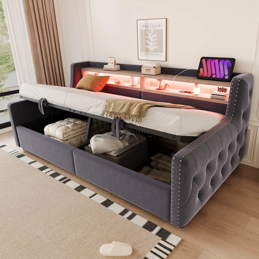 Divano letto imbottito 90x200 cm con contenitore, LED, prese USB/Type-C