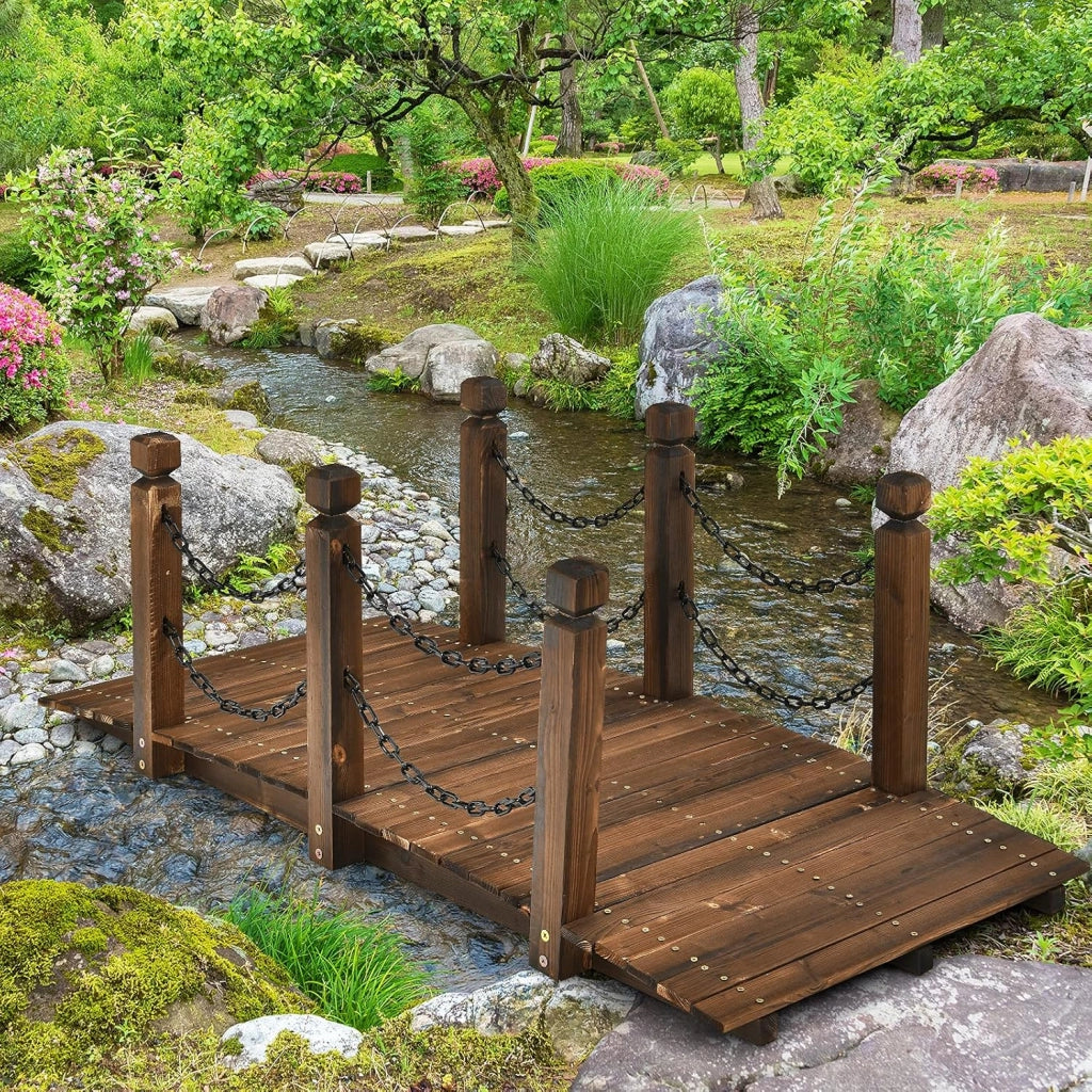 Ponte da Giardino in Legno di Abete Carbonizzato con Ringhiere di Catene, Ponticello Robusto Portata 180 kg, 150 x 67 x 55 cm, Marrone