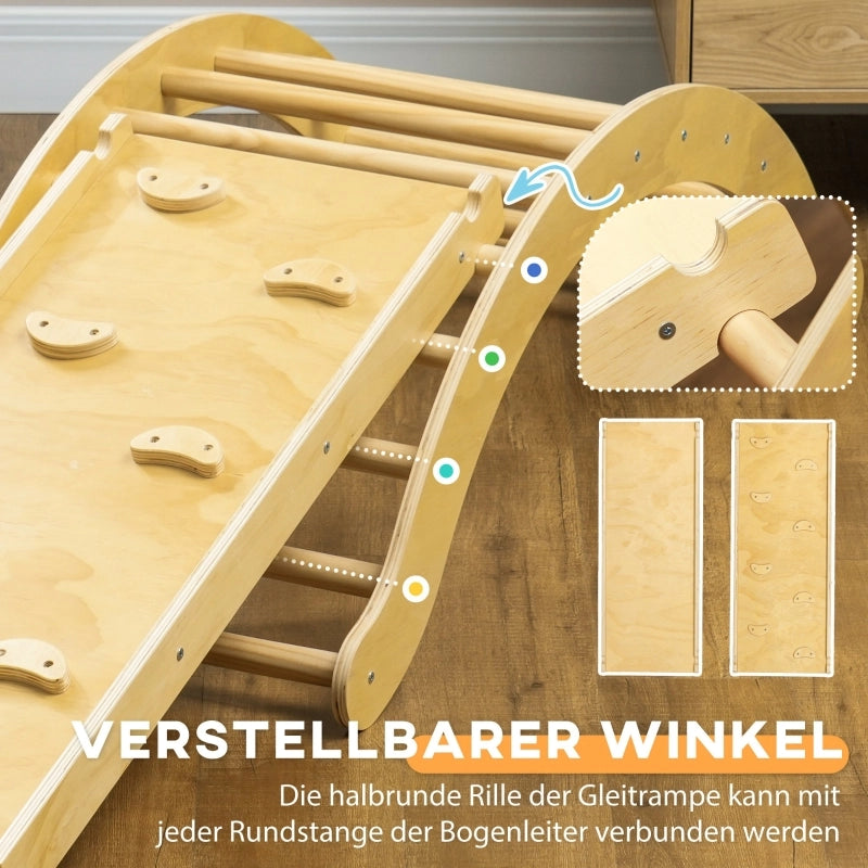 Set da arrampicata per bambini, design 4 in 1 con ponte ad arco, altalena a dondolo, cuscino, scivolo, per uso interno, in legno