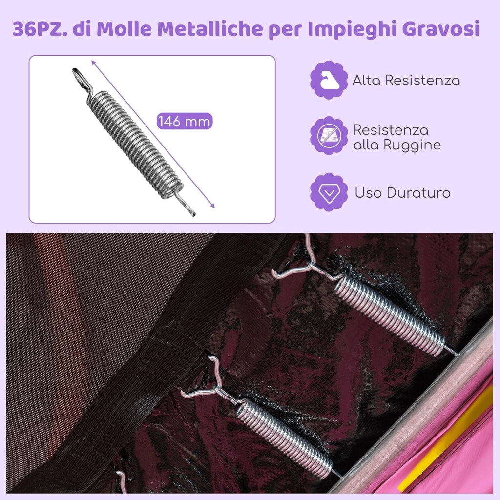 Trampolino Elastico per Bambini 223 cm, Tappeto Elastico per Bambini da Esterno ed Interno con Rete e Cuscinetto a Molle, Portata150 kg, Adatto ai Bambini 3+ Anni