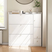 Armoire ?? chaussures polyvalente - Xylo - 119*24*122 - Blanc - 3 tiroirs rabattables avec banc