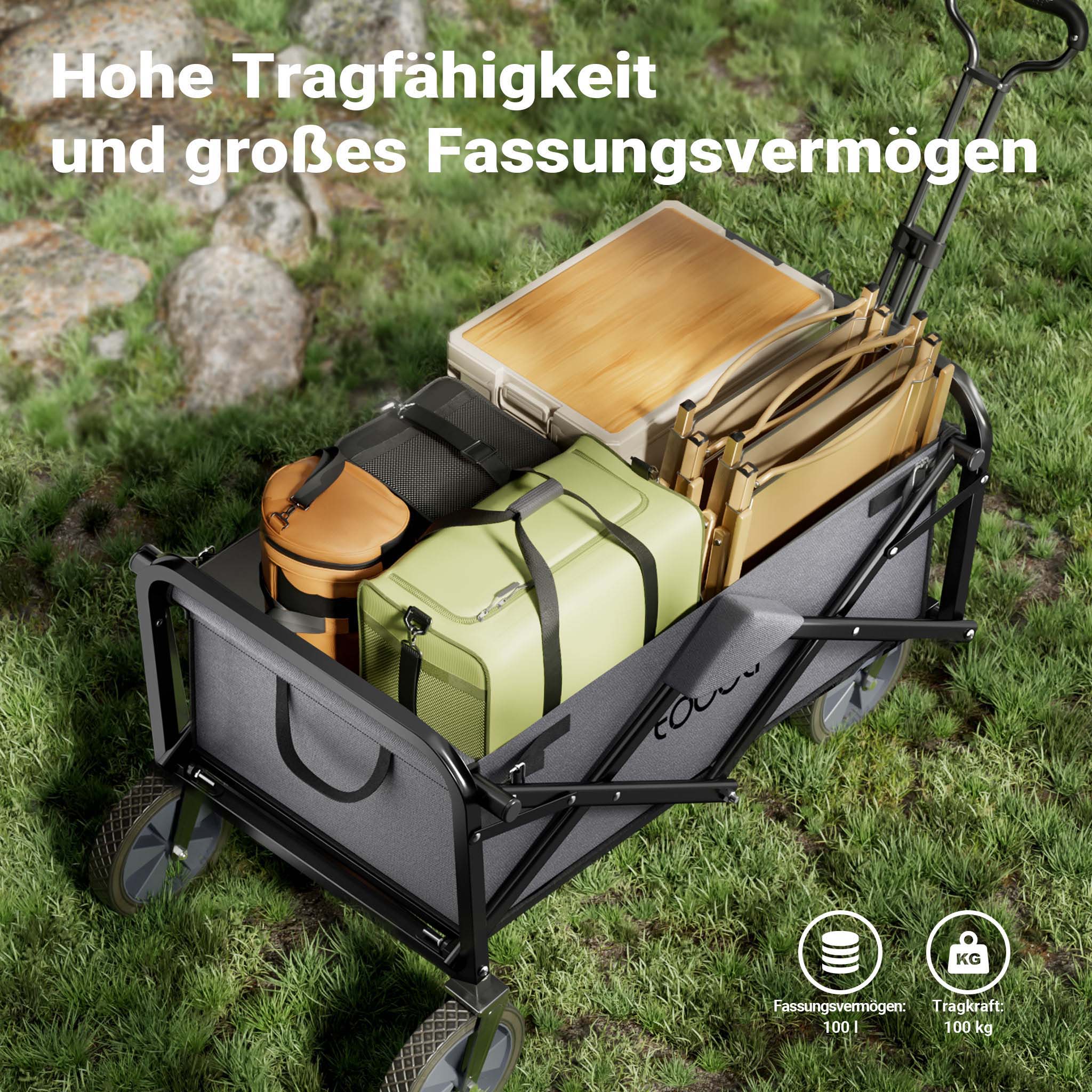 Toboli Carretto a mano pieghevole, max 100 kg, tessuto impermeabile grigio e manico telescopico, Carrello spiaggia