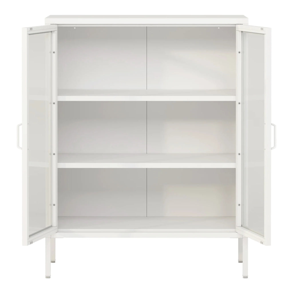 Credenza in metallo con ante in vetro acciaio e vetro temperato 102 x 80 x 40 cm bianco 03_0006607
