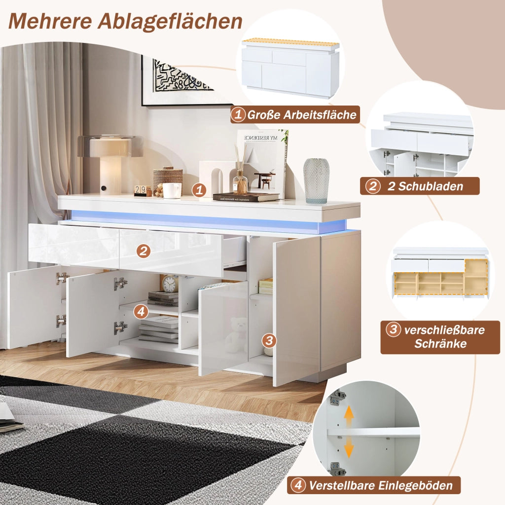MADIA 140x35x72,5 cm Bianco lucido con 4 ante 2 cassetti e LED