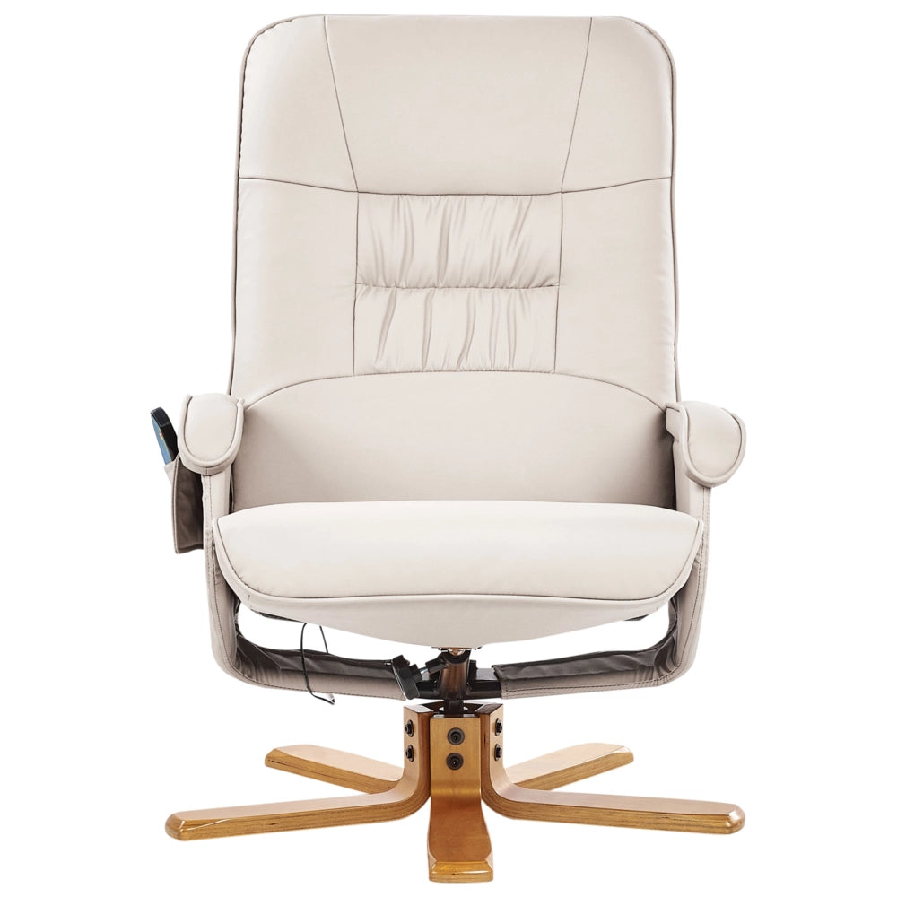 Poltrona reclinabile in similpelle beige chiaro con poggiapiedi, girevole, regolabile, massaggiante e riscaldante con sgabello