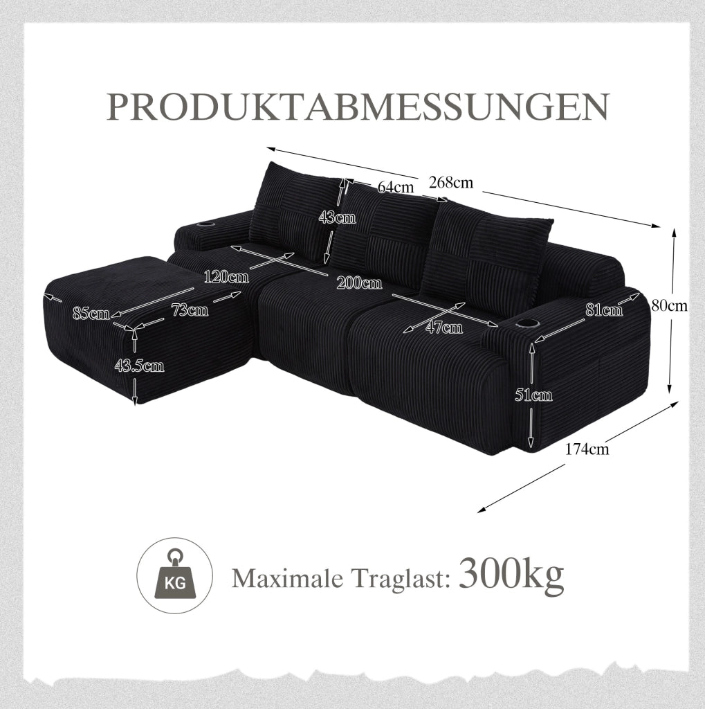 Divano modulare 3 posti 268x174x80 cm con portabicchieri e tasca laterale in corduroy nero