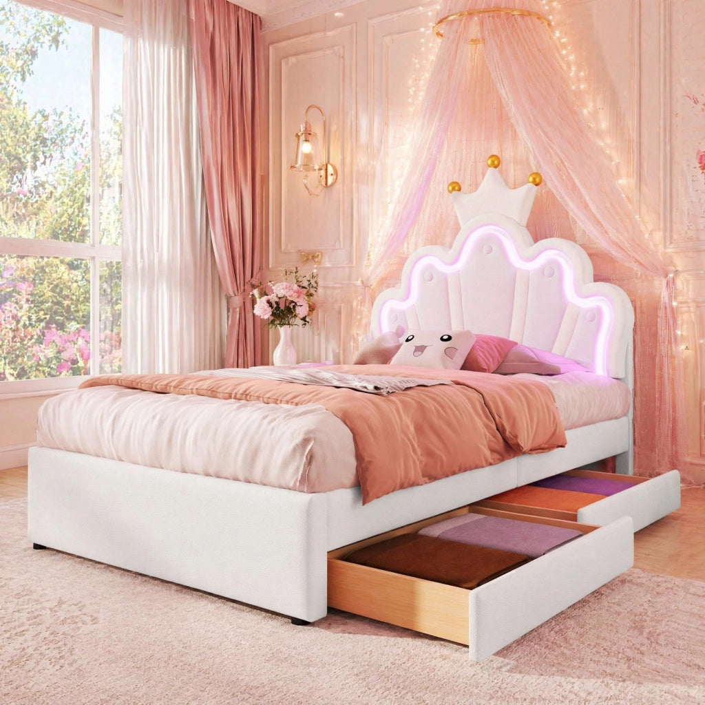 LETTO imbottito 90x200 cm PU bianco con testiera regolabile e 2 cassetti