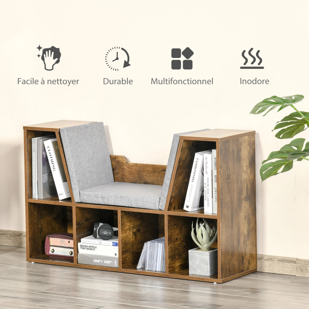 Libreria a cubi 6 scomparti con panca ¨C zephmum ¨C 102x30x61 cm, legno marrone rustico