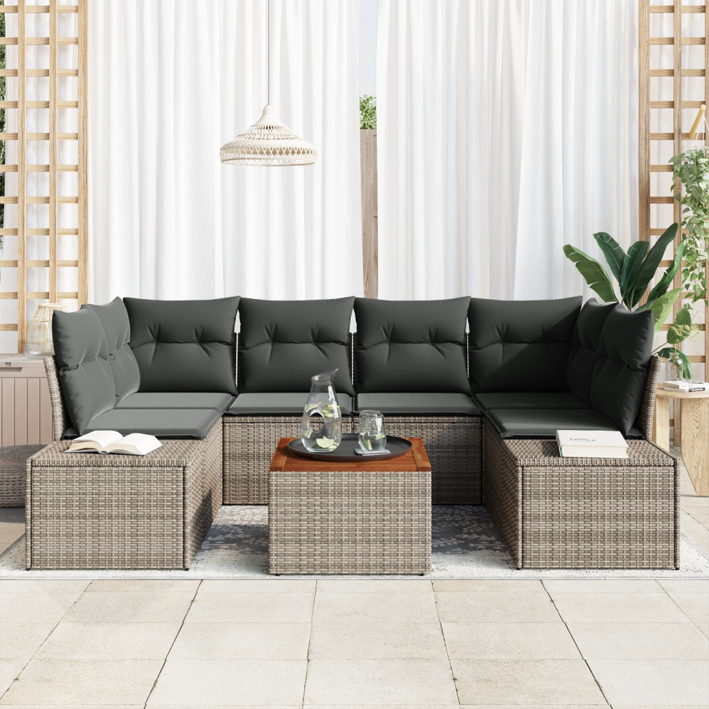 Set divani giardino 7 pezzi con cuscini Grigio Polyrattan Acacia
