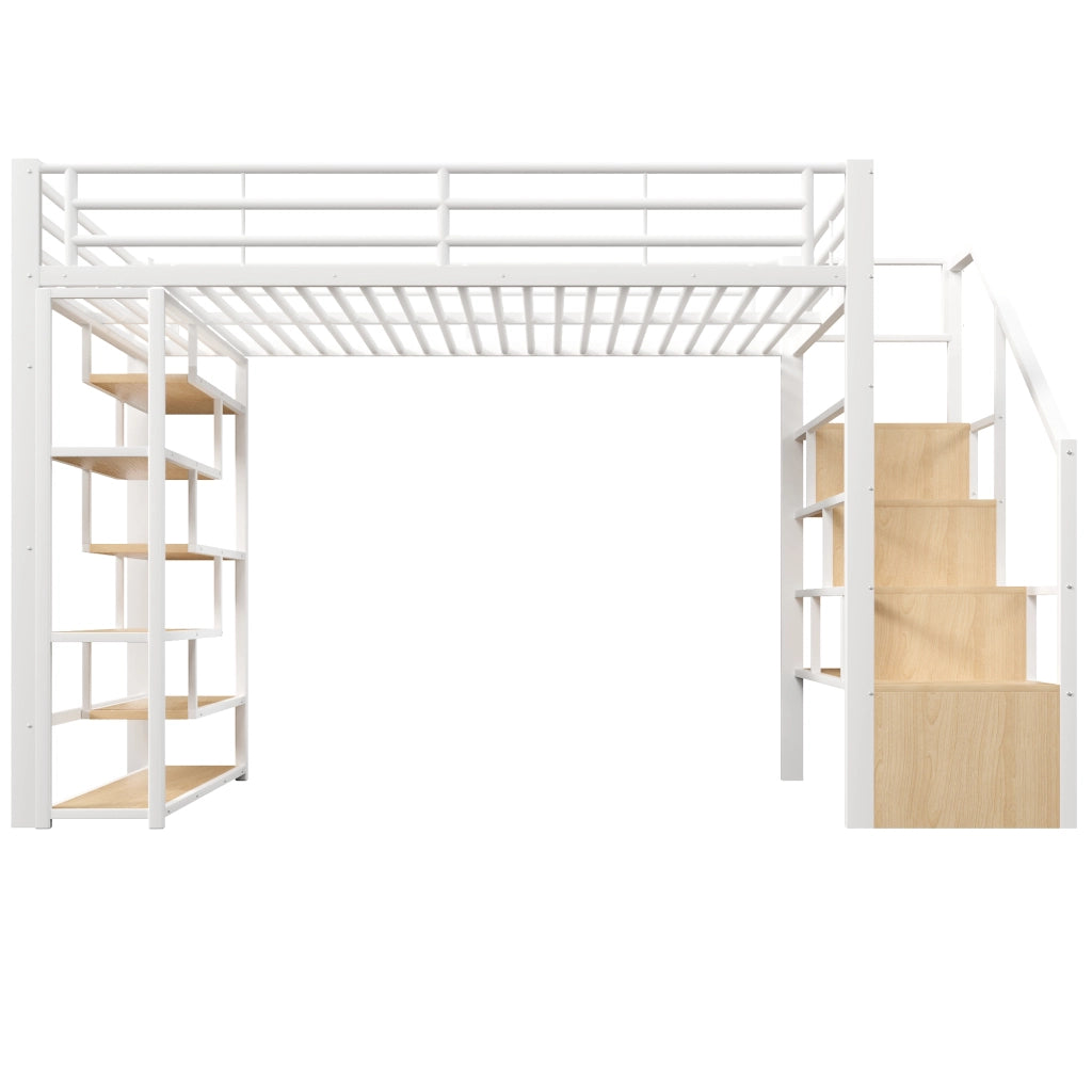 Letto a soppalco 140x200 per bambini con scala integrata; struttura in metallo e MDF; ripiani; LED e barriera; bianco