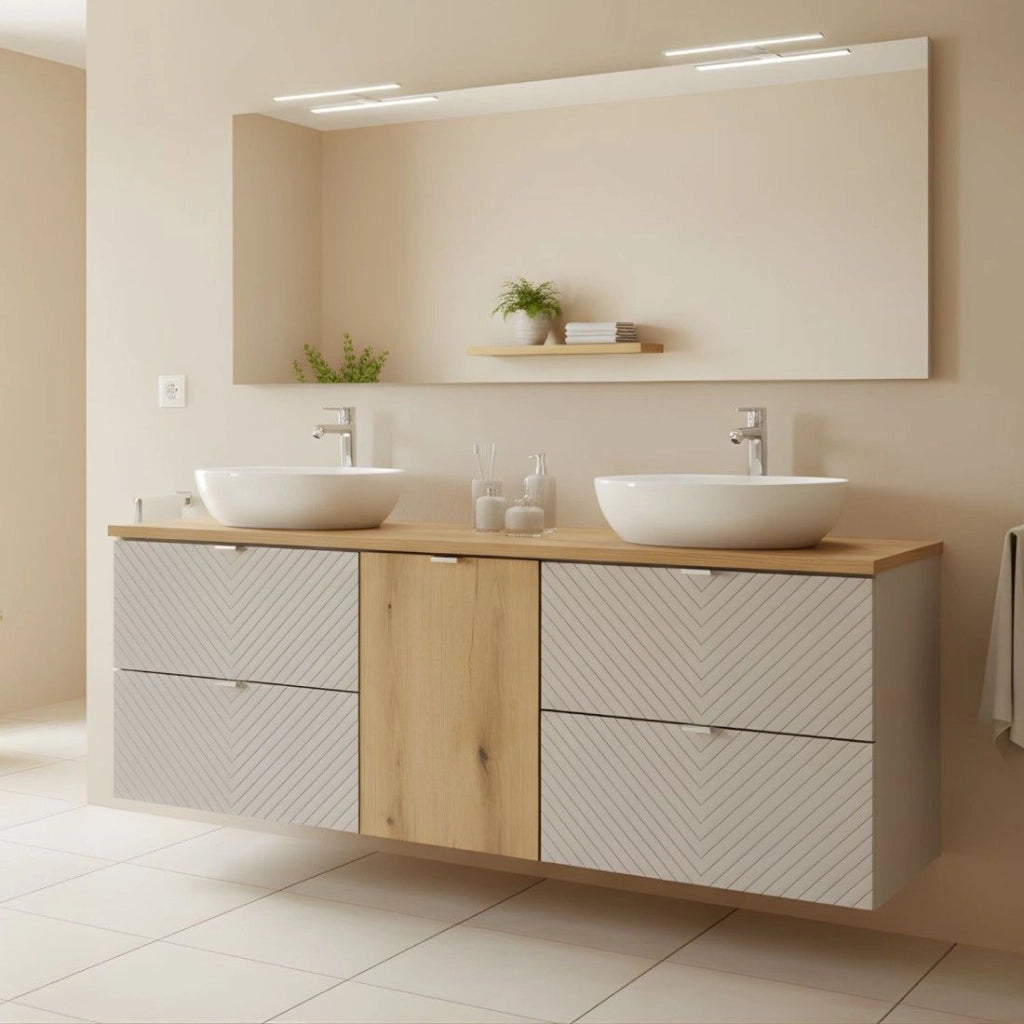 Set AOKI: mobili sotto lavabo con cassetti + cesto per la biancheria + piano lavabo in rovere