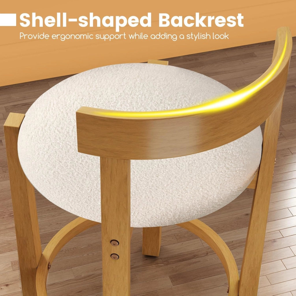 Set da 2 Sgabelli da Bar, Sgabello Imbottito in Velluto Teddy, Comodo Poggiapiedi e Gambe in Legno, Sedie da Cucina senza Braccioli con Schienale a Conchiglia per Sala da Pranzo e Bar