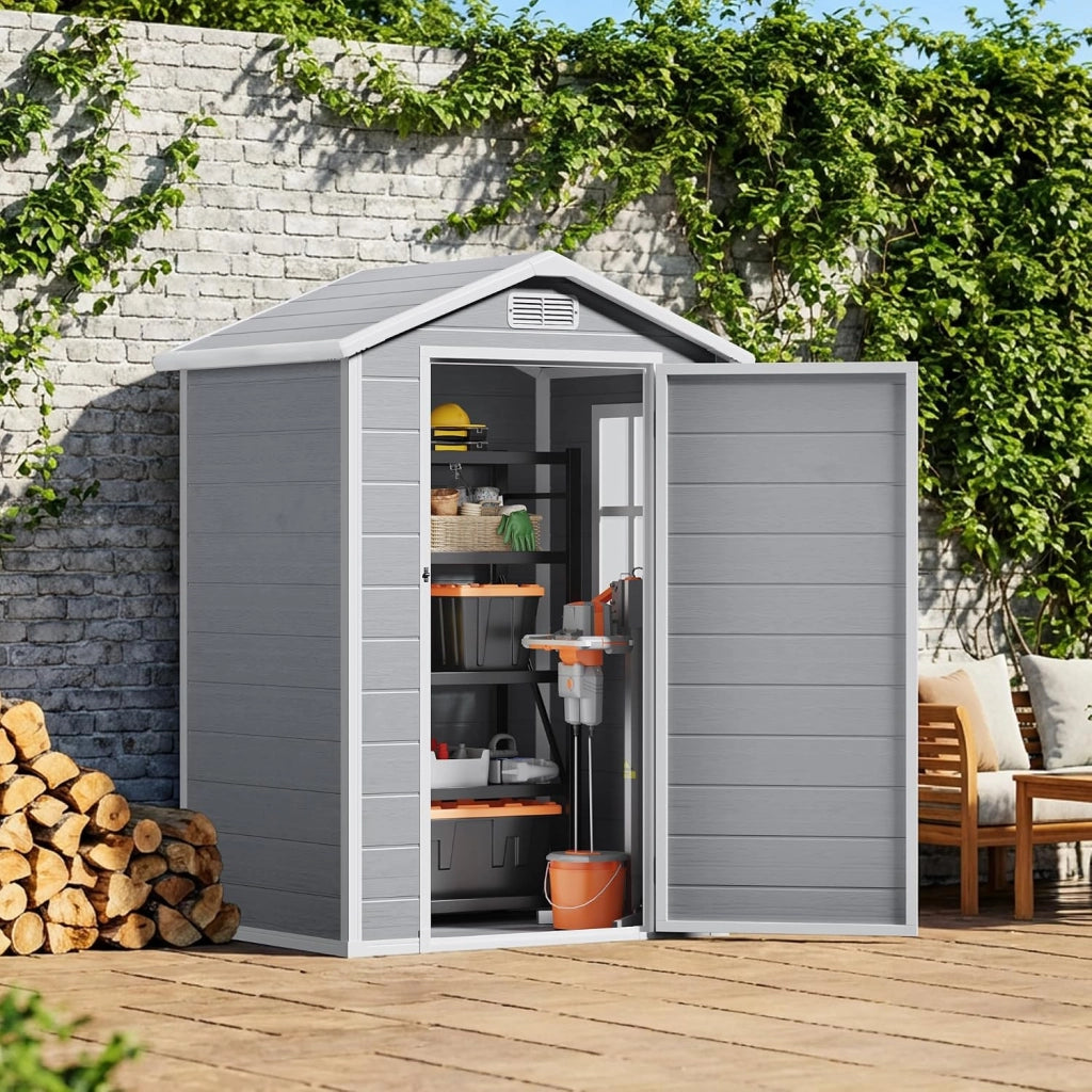 Casetta da Giardino in Resina, Capanno Porta Attrezzi Intemperie con Finestra e Ventilazione, Box Stoccaggio con Serratura per Attrezzi da Giardino, 122 x 92 x 187 cm (Grigio)