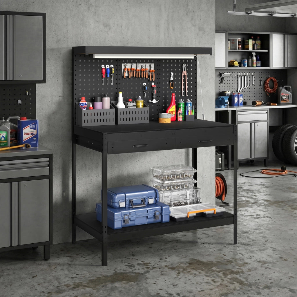 Banco da Lavoro con Cassetti, Luce LED e Presa Elettrica ¨C Zephmum ¨C Nero 110x60x150 cm