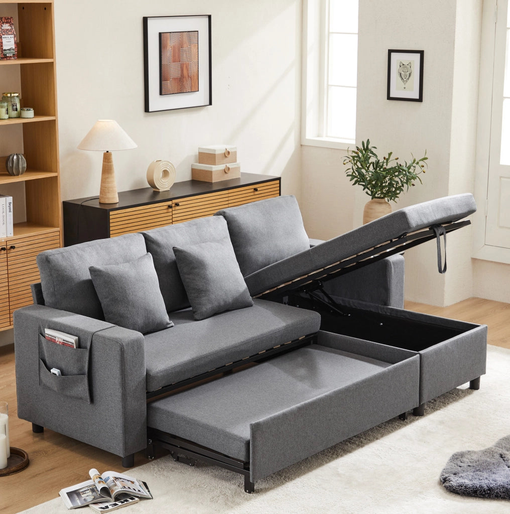Divano letto 219.5x142.5x83 cm con contenitore; chaise longue reversibile in lino grigio scuro