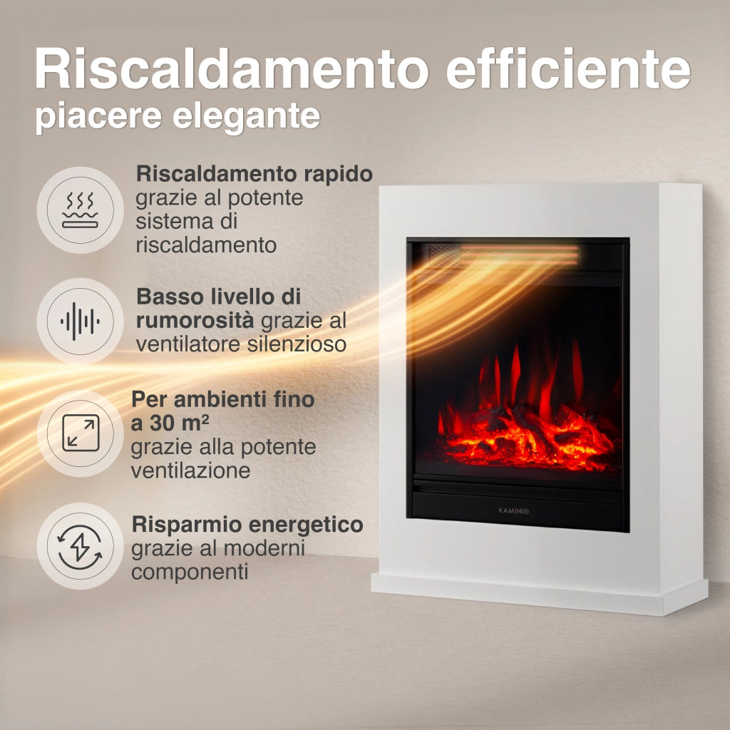 KAMINIO Camino elettrico KALLE - Caminetto elettrico a pavimento con riscaldamento, effetto fiamma 3D, telecomando - Bianco