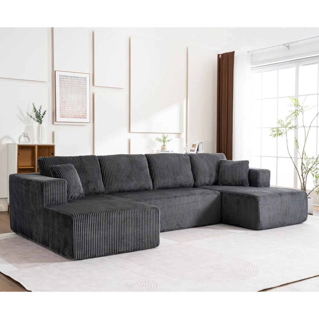 Divano panoramico a U modulare senza montaggio con 4 cuscini e 2 guanciali in velluto a coste grigio 332 × 156 × 88 cm