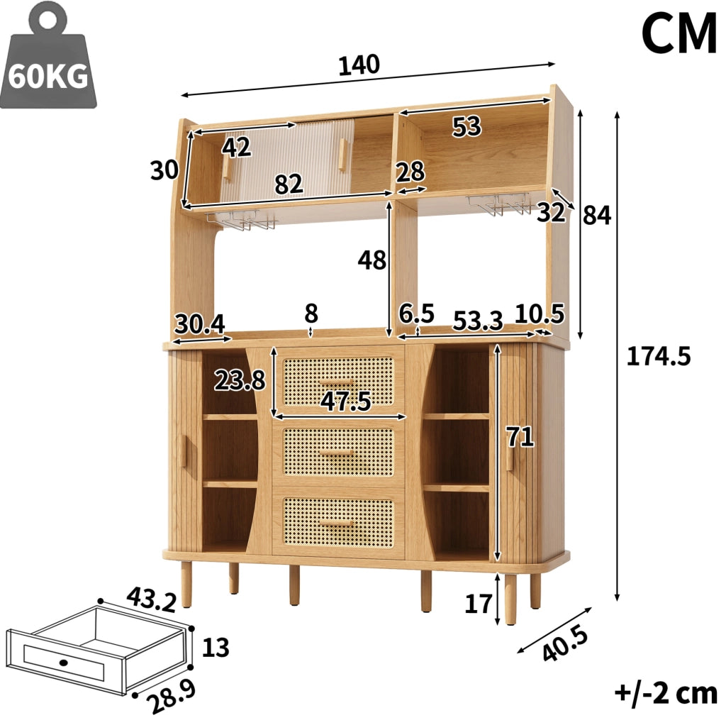 Credenza 140x40.5x174.5 cm con ante scorrevoli in vetro; 3 cassetti e ripiani aperti in MDF e metallo; naturale