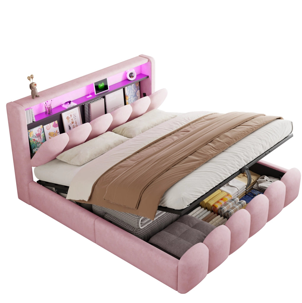 LETTO Matrimoniale Contenitore 180x200 cm Velluto Rosa con LED, USB e Type-C
