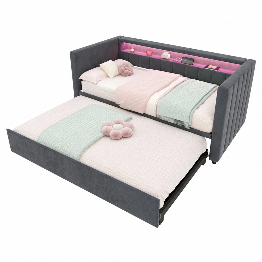 Divano letto estraibile 90x190 cm con LED; USB Type-C; velluto grigio scuro