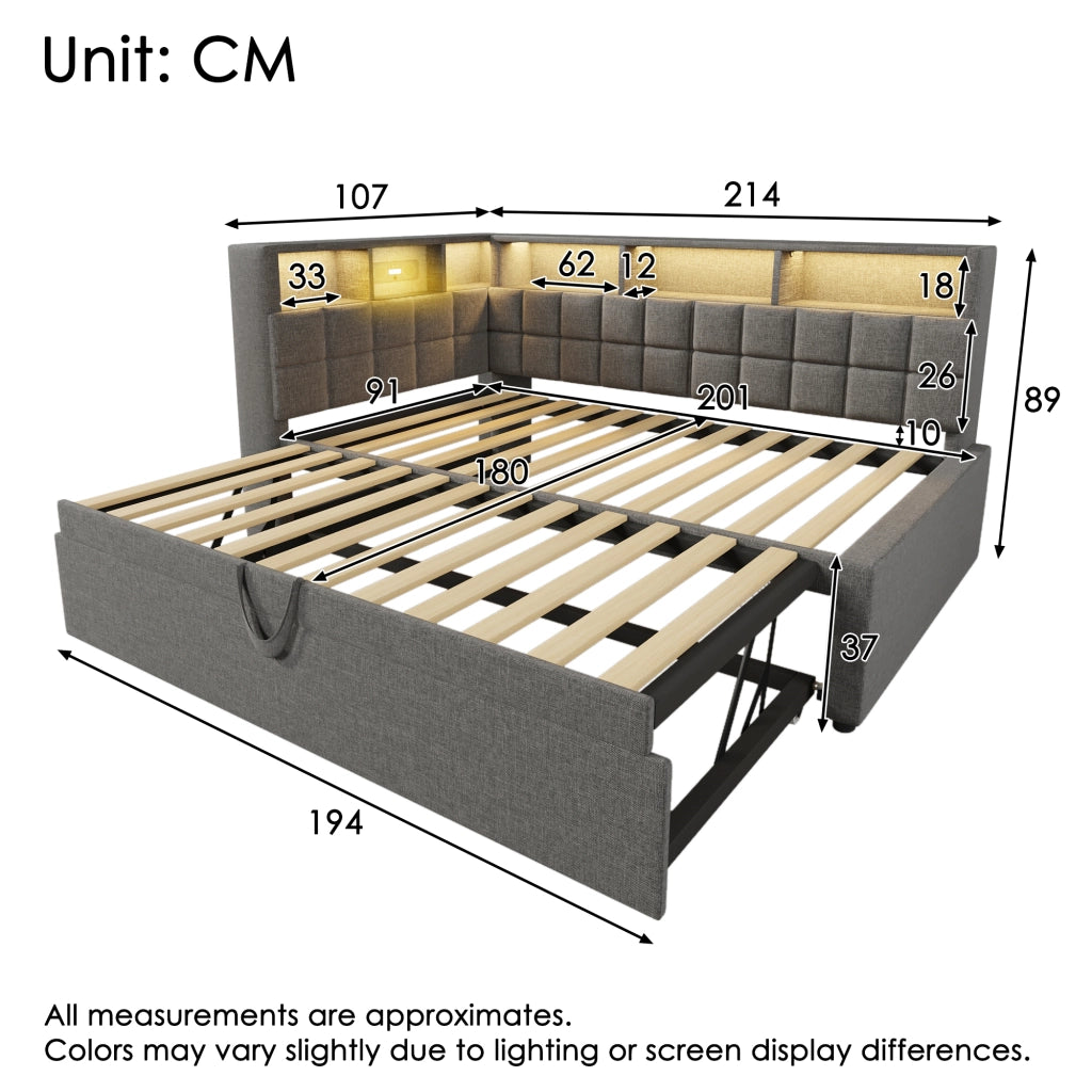 DESMIU Divano letto 90 × 200 cm 1 posto con letto estraibile, LED, USB e Type-C, senza materasso, grigio