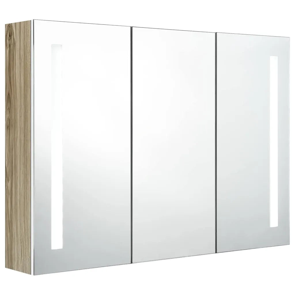 Armadietto Bagno | Armadio da bagno con Specchio e LED 89x14x62 cm Bianco e Rovere
