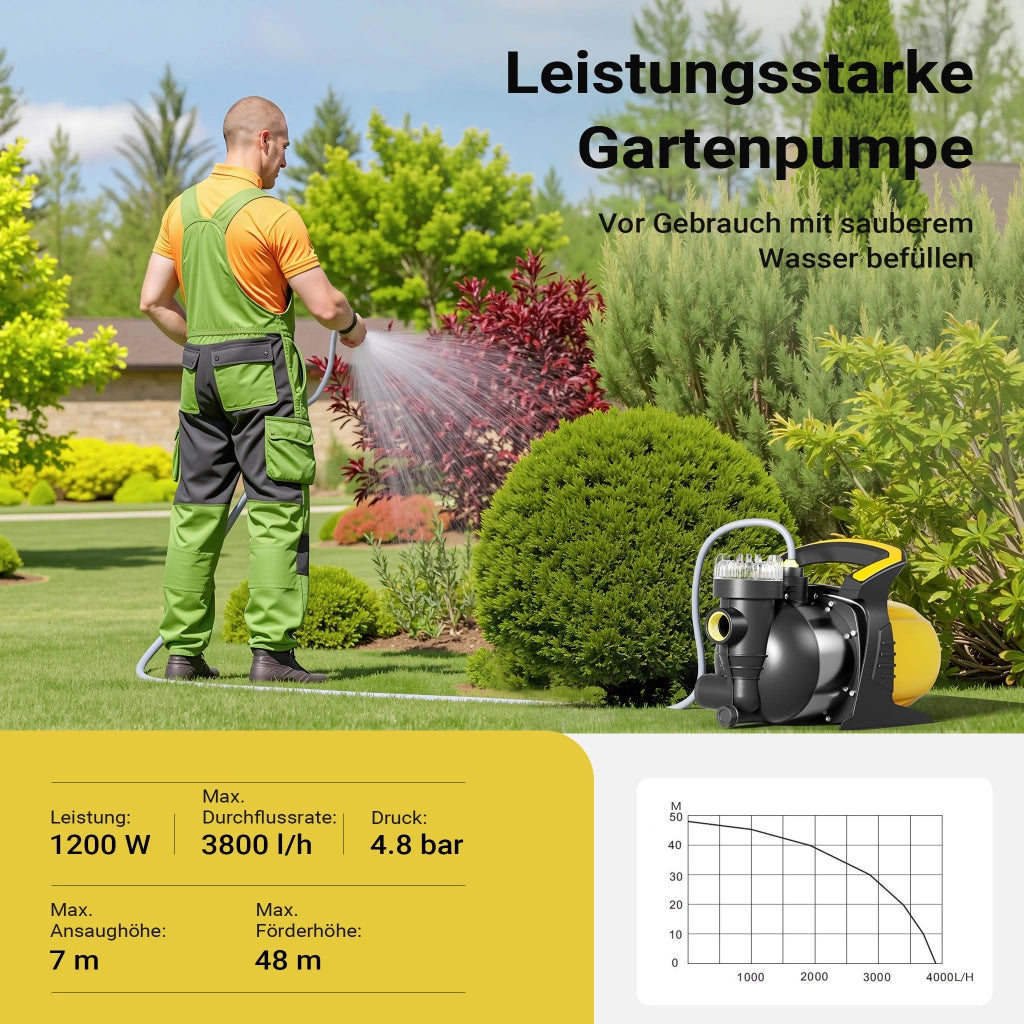 Pompa da giardino 1200 W alloggiamento in acciaio inox, 3800 l/h, con prefiltro e maniglia di trasporto, altezza di mandata 48 m, profondità 8 m, 2850 rpm, per laghetti, cisterne, autoclavi