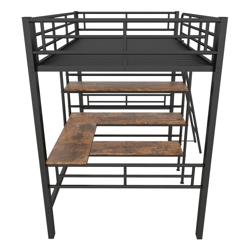 Letto a soppalco con scrivania e ripiani 90x200 cm in metallo; nero