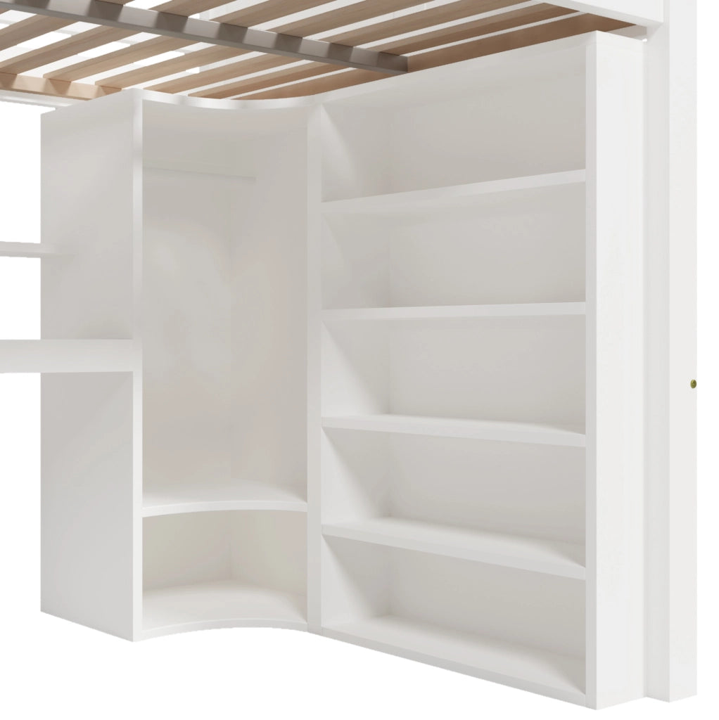 Letto a soppalco 140x200 cm bianco con LED, armadio e scrivania