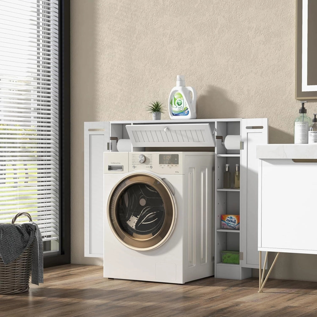 Mobile per Lavatrice, Mobile sopra Toilette, Mobiletto Bagno sopra Toilette, Armadietto da Incasso, in Legno, con Anta, Bagno Salvaspazio, con Porta Carta Igienica (Bianco)