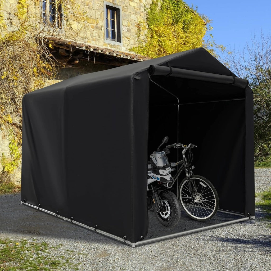 Capanno da Giardino 218 X 160 X 164 CM, Tenda Garage per Bici Moto Attrezzi, con Copertura en PE Impermeabile, Porta con Cerniera, Telaio in Metallo, Picchetti, per Esterno (Grigio Scuro)