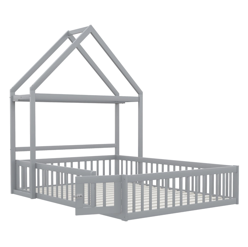 Letto per bambini a pavimento 140x200 cm grigio in legno massiccio di pino con sponda e spazio contenitore