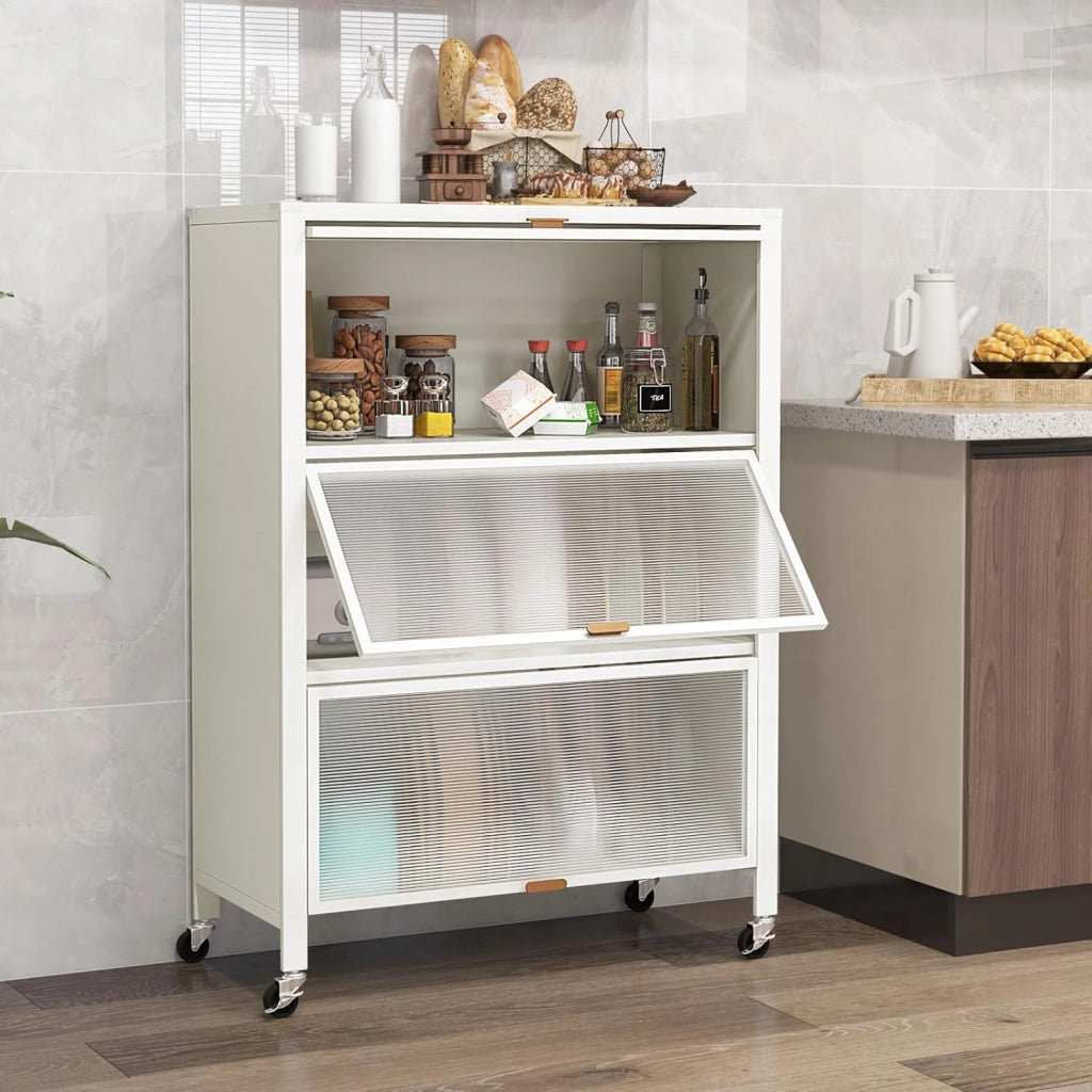 Armadietto da cucina, scaffale da cucina in piedi su ruote, cassettiera da cucina a 4 livelli con ante per PC e pannello posteriore rimovibile, supporto per microonde, 81 x 37 x 115 cm