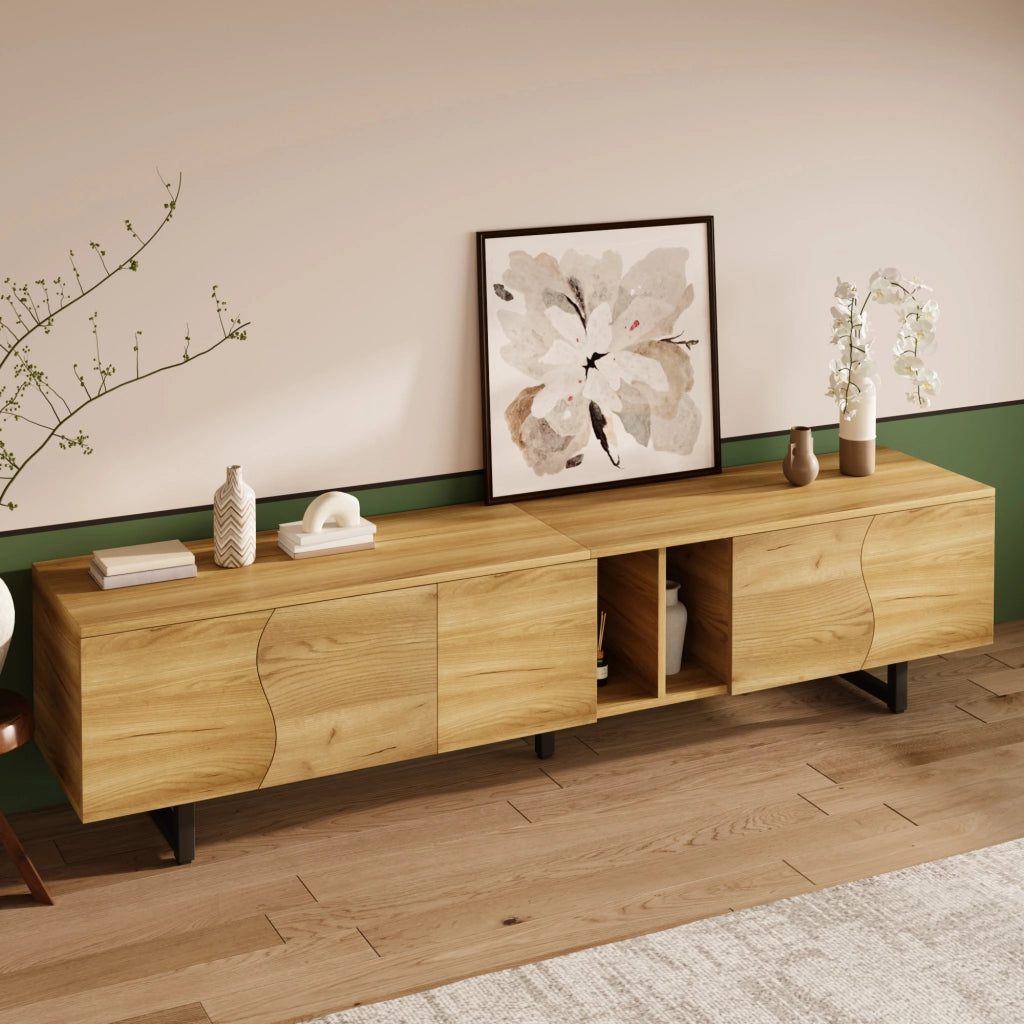 Mobile porta TV con ante curve e vani aperti in MDF e pannello truciolare naturale 191 × 38 × 46,5 cm