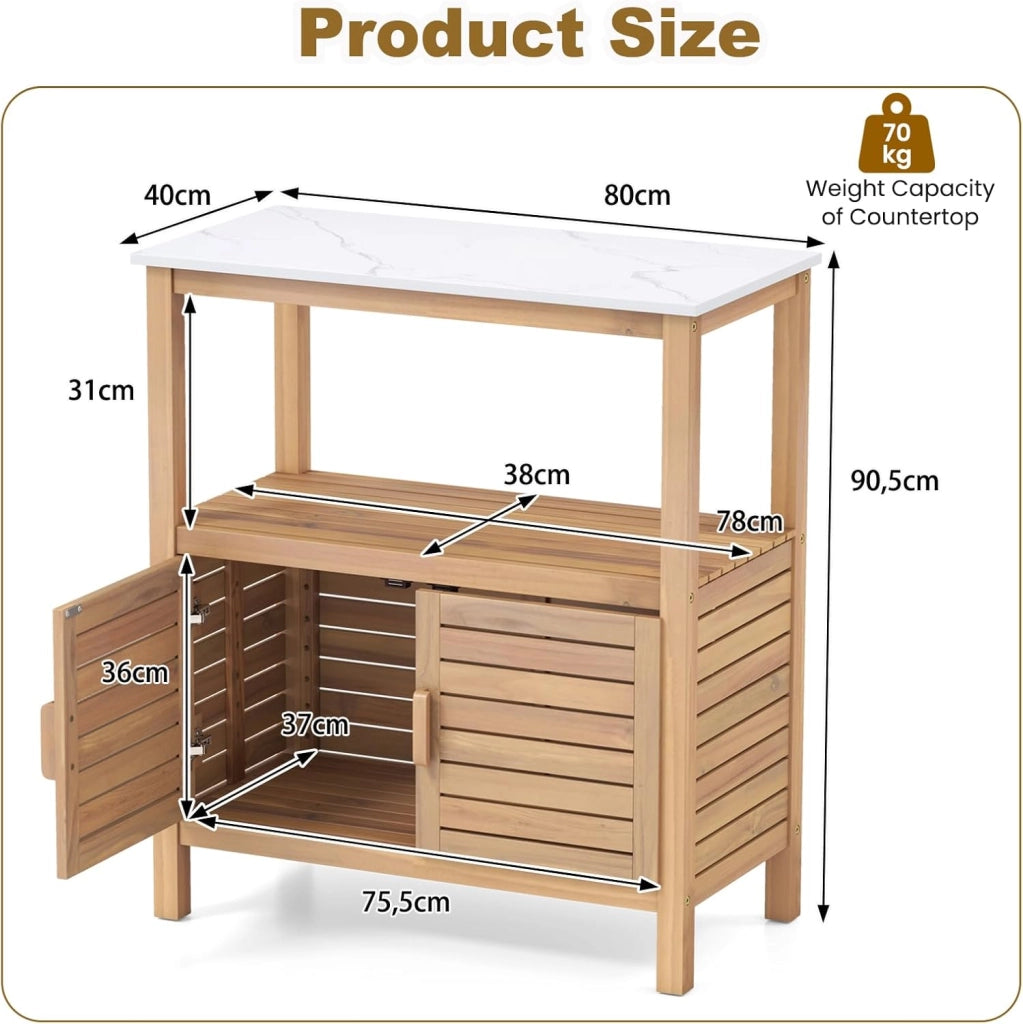 Armadio da esterno in legno massello, mobile portaoggetti con piattaforma, tavolo da invaso da giardino con armadio ad anta 80 x 40 x 90,5 cm, per balcone, ingresso, portico, cortile